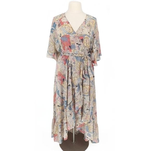 NEW City Chic Floral Nouveau Maxi Wrap Dress Cream Pink XL/22 bohemian high low - Picture 1 of 10